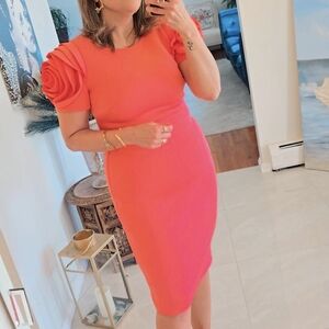 Elegant Coral Dress with Floral Sleeves Rosette